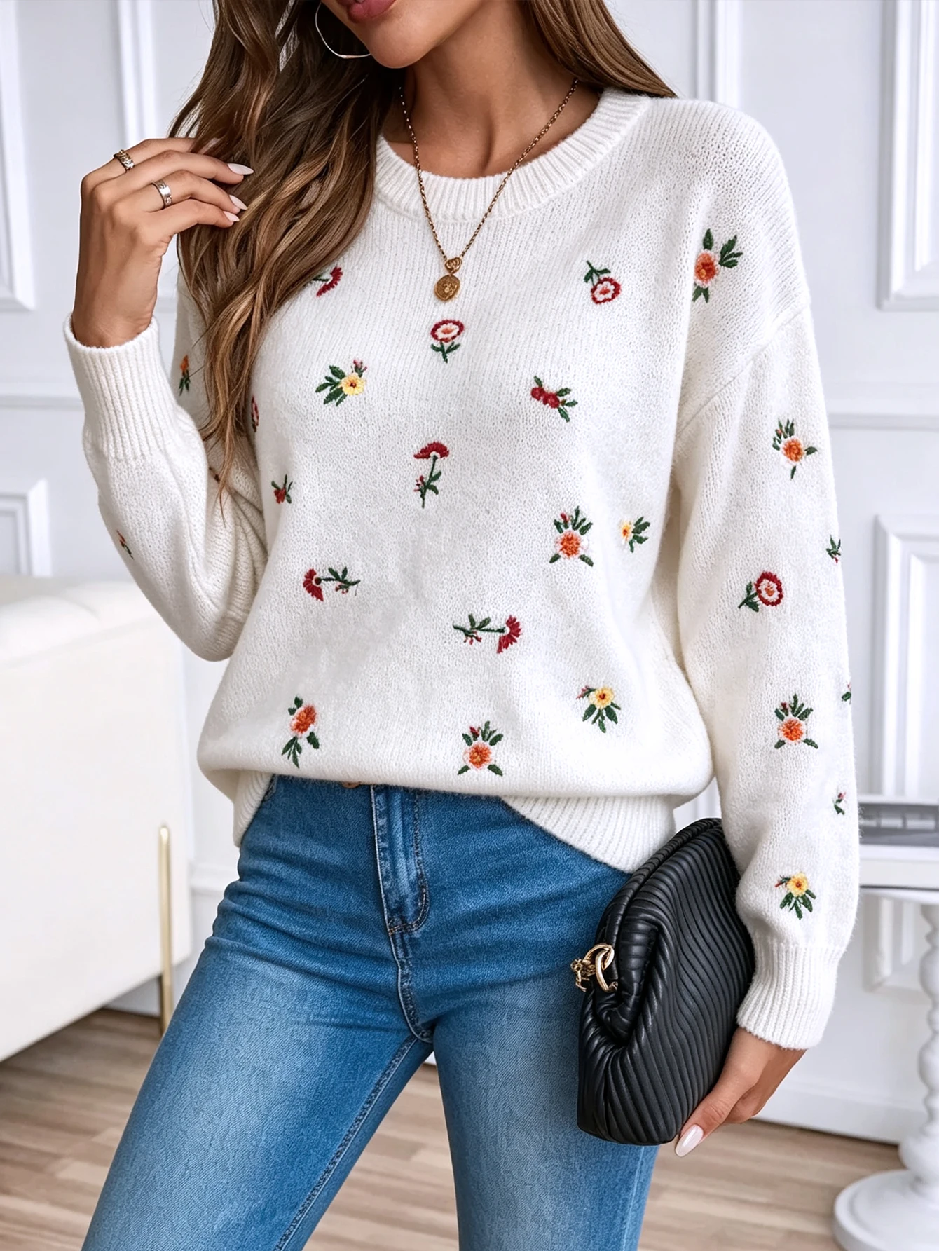 Autumn and Winter French Retro Off-White Round-Neck Floral Embroidered Pullover Sweater, Soft Mohair Loose Drop-Shoulder Long-Sleeve Knitwear, Halloween, Thanksgiving, Christmas Party Date Outfit, European and American