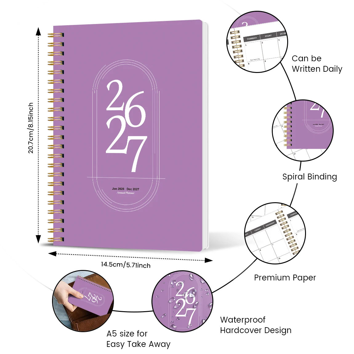TREES Notebook Promotion 2026-2027 A5 Weekly & Monthly Planner, Gold Coil Binding, Purple Minimalist Notebook