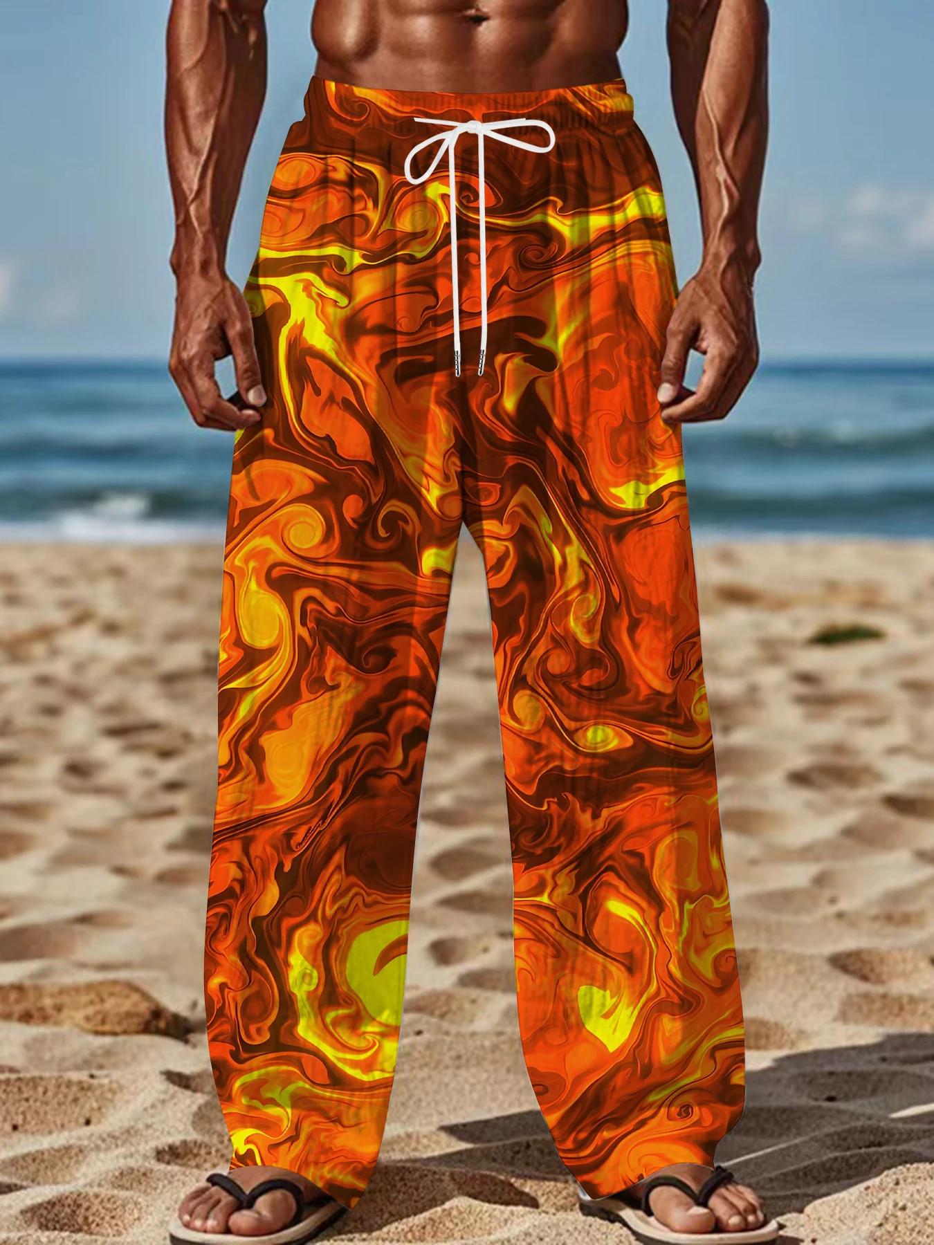 2026 Men's Printed Straight Leg Pants Vibrant Abstract Pattern Drawstring Waist Loose Fit Summer Beach Casual Swim Shorts