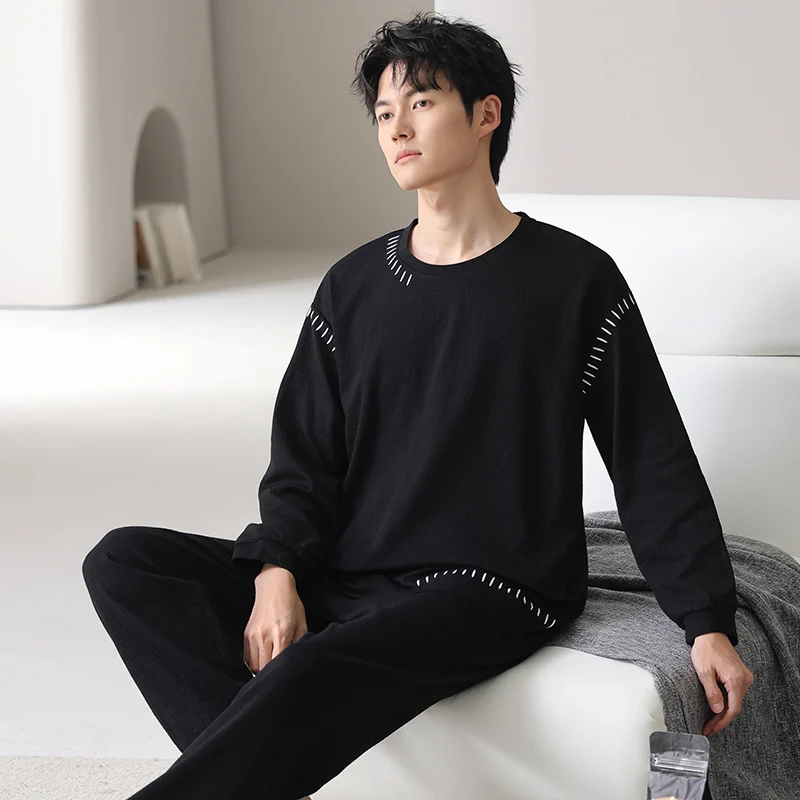 Men Pajamas Set 100% Cotton Solid Sleepwear Male Long Sleeve Casual Pyjamas