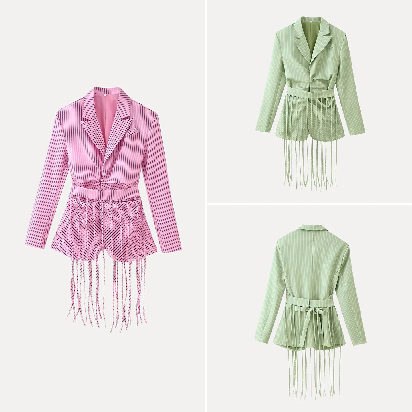 Fashionable Striped Suit Jacket with Detachable Fringe Waist Belt Turn-down Collar Women's Clothing New 2026 Summer Outfit