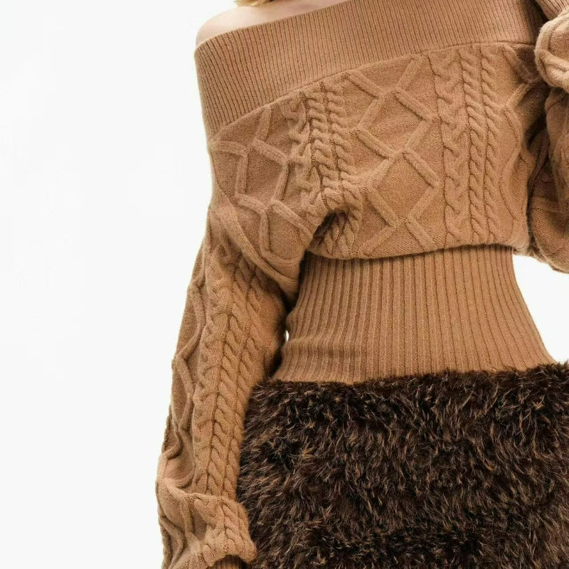 Kamelfarbener One-Shoulder-Taillen-Pullover für Damen, 2026, Herbst, neuer Stil, High-End-Nische, lässiger Strickpullover für Damen