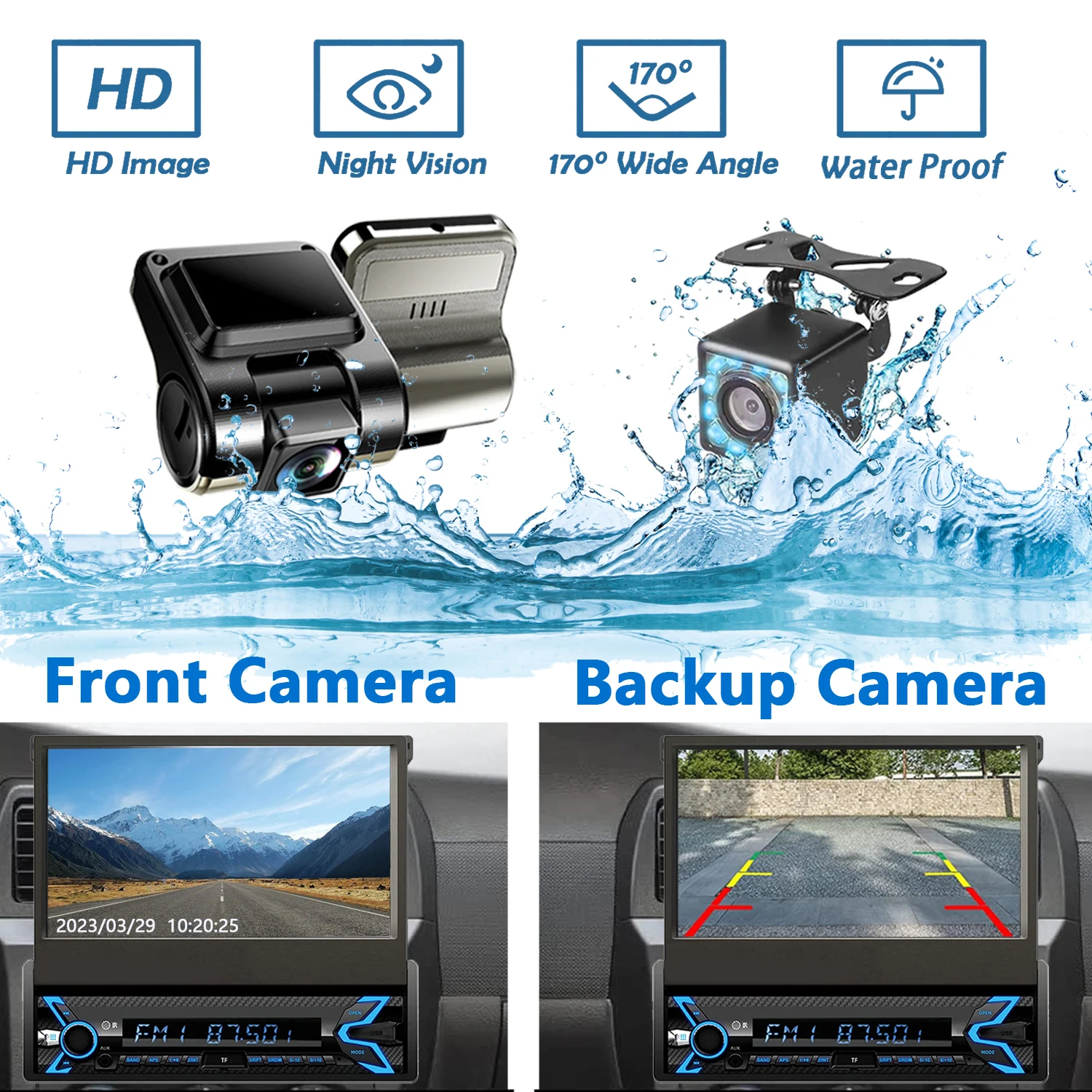 7 Inch Retractable Car Radio Stereo 1 Din HD Touch Screen Car Video Player with Dash Cam & Backup Camera Navigation AUX/FM/USB
