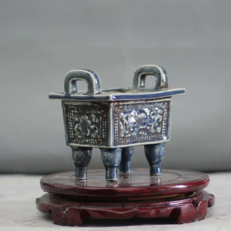 Antique porcelain carvings double-sided dragon patterned small cauldron ornaments folk art collections handicrafts