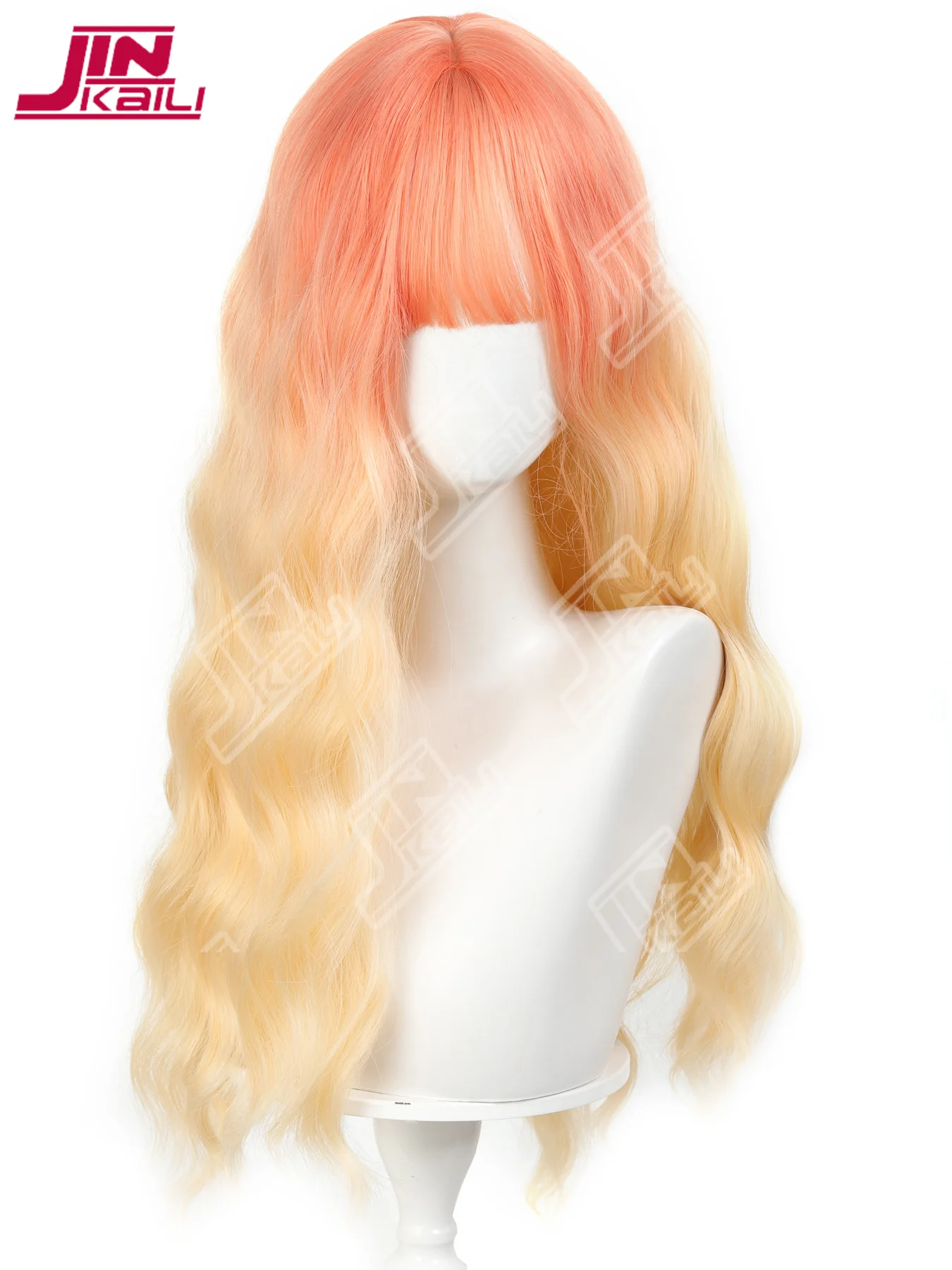 JKL برتقالي أحمر متدرج بيج اصطناعي طويل مجعد لوليتا شعر مستعار رقيق موجة المياه تجعيد الشعر مع الانفجارات الوسطى شعر مستعار مناسبة للنساء #3
