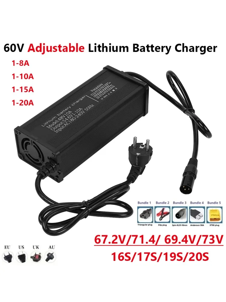60V 1-8A 1-10A 1-15A 1-20A Verstelbare lithiumbatterijlader 16S 17S 19S 20S 67,2V 71,4V 69,4V 73V Krachtig LCD-scherm - afbeelding 2