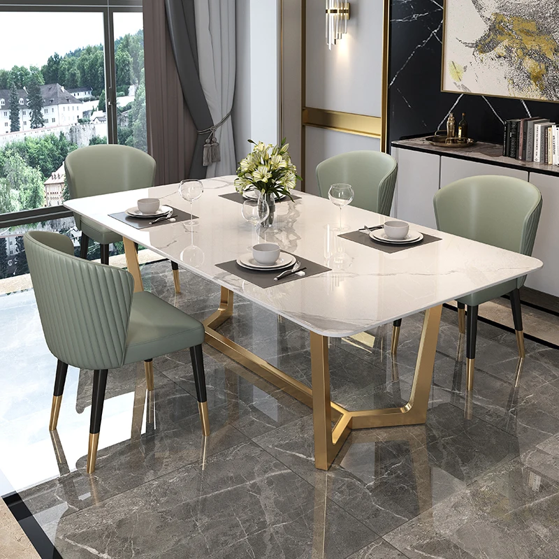 Luxury Sintered Stone Dining Table And Chair Set Italian Style Rectangular Metal Leg Table And Chairs