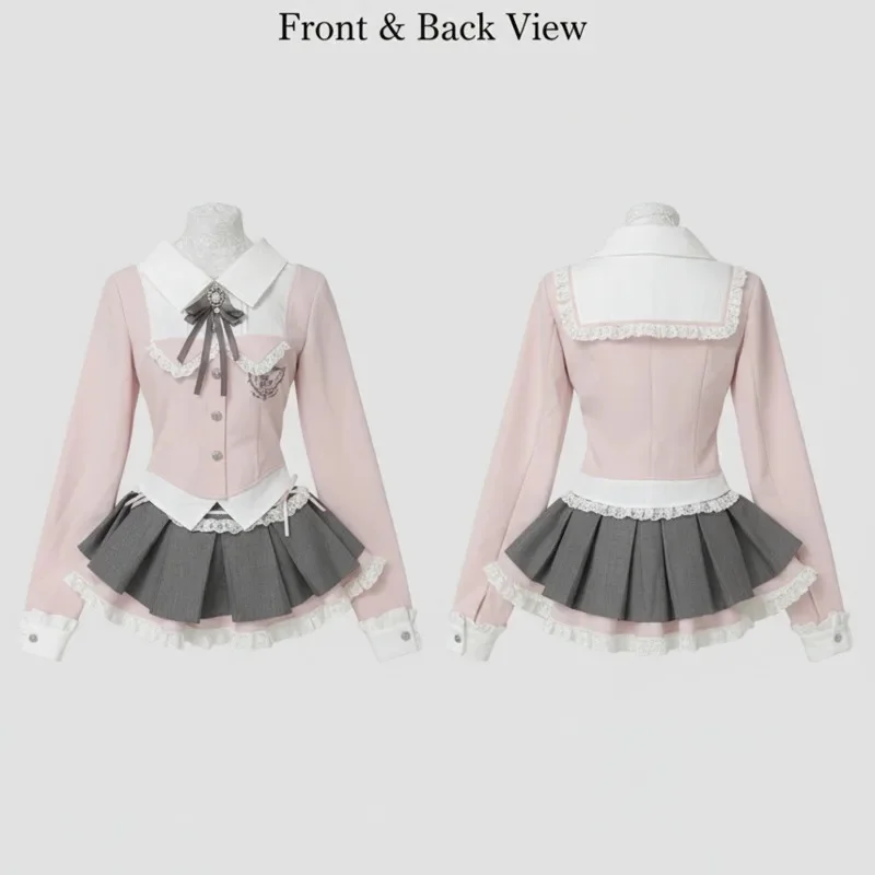 Y2K Bow Lace Fake Top Dresses 2 Piece Set Uniform College Sweet Girl Contrast Patchwork High Waisted Pleated Skirt Girls 2 Set