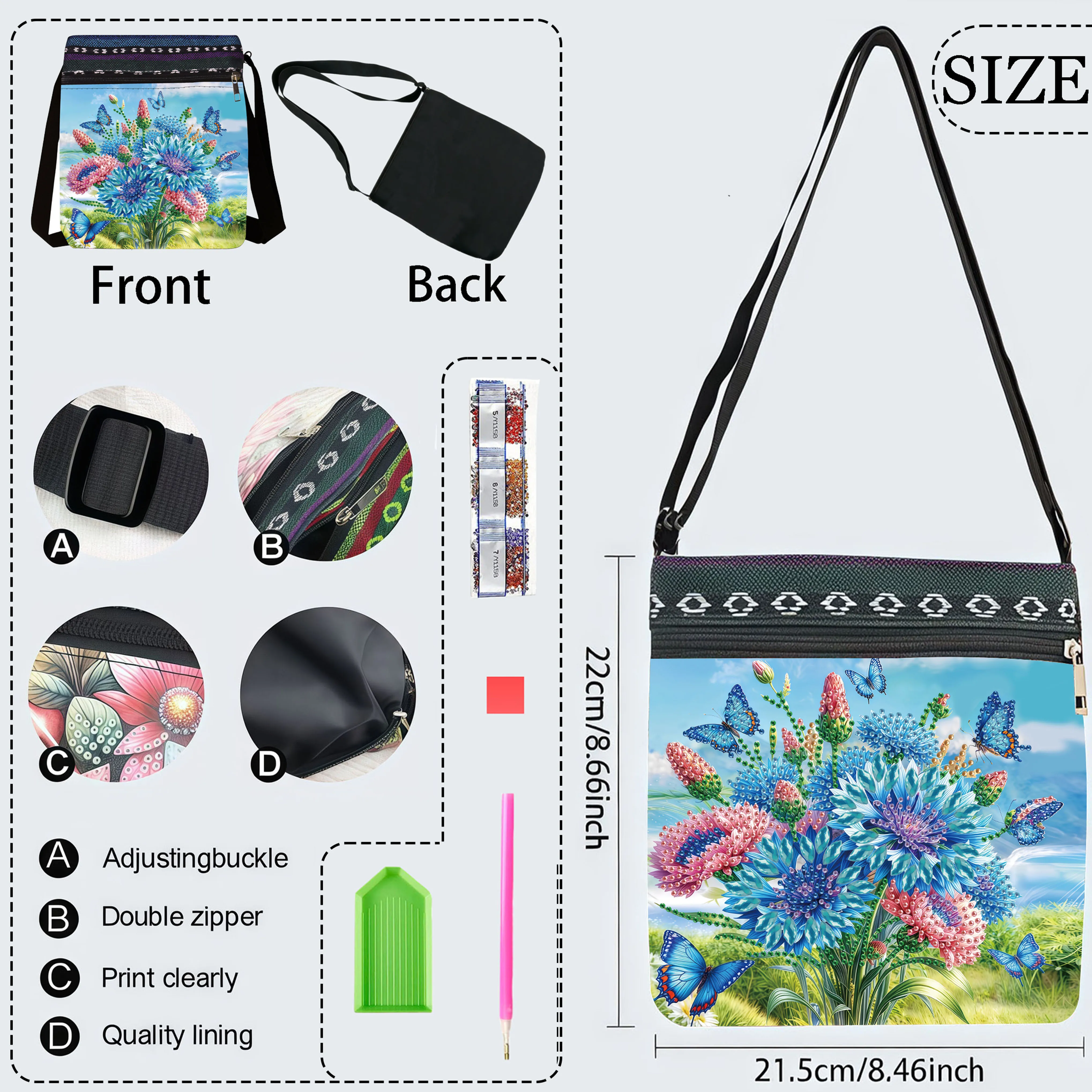 1 Piece Diamond Painting kit Messenger bag flower Butterfly pattern canvas Material suitable for outdoor Shopping, Thanksgiving