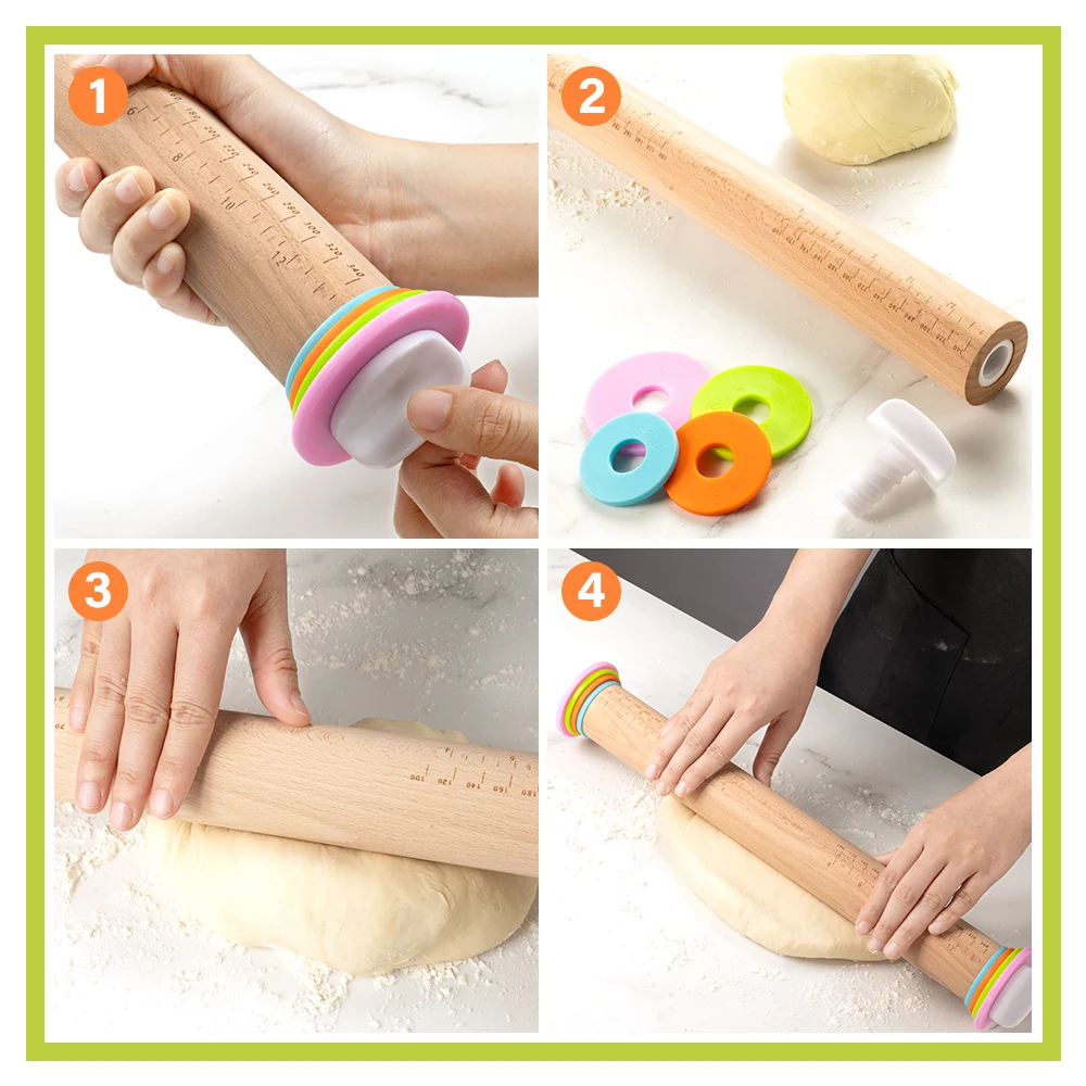 Adjustable Beech Wood Rolling Pin with Thickness Rings for Baking Pizza Pies Wooden Rolling Pin Set Bakeware Tool Kitchen Gadget
