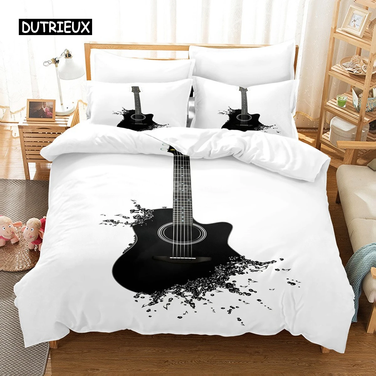 

Music Black White Duvet Cover Sets Comforter Bed Queen King Size Musical Instrument Piano Bedding Set Teen Adult Bedroom Decor