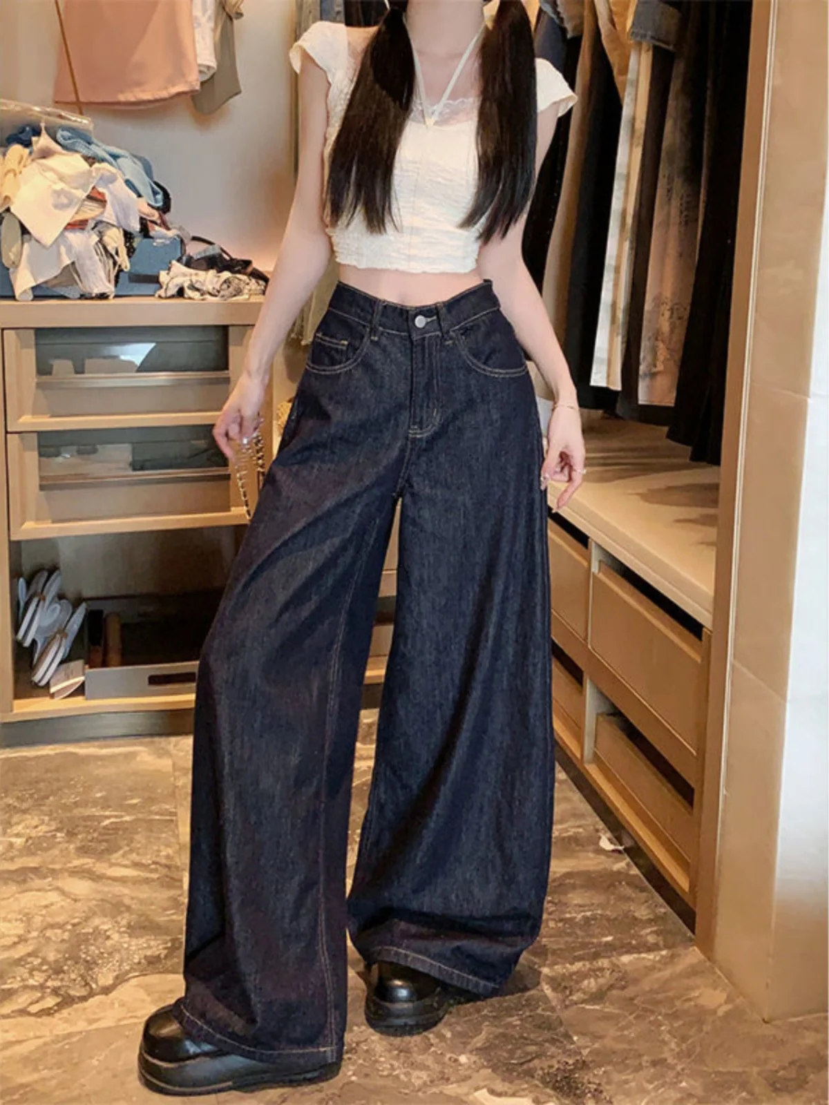 Jeans met hoge taille en wijde pijpen Dames losse rechte lange broek Amerikaanse retro getailleerde diepblauwe denim ort plus size broek