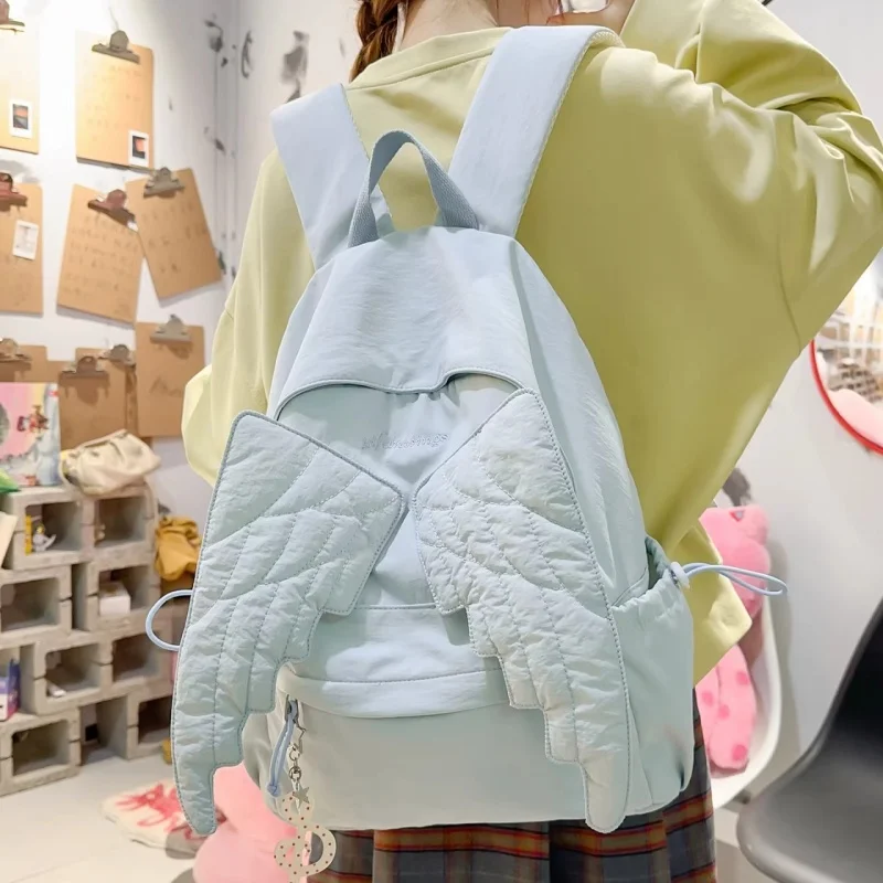 Y2k Style Wing Backpack For Women Japanese Cute Angel Canvas Bag Creative Tassel Solid Color Student Large Capacity Shoulder Bag