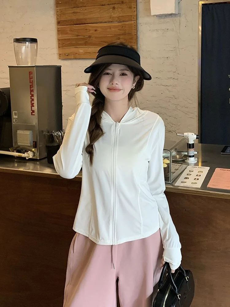 

plus Size Ice Silk Long Sve Hooded Open Cardigan Women's Summer Loose Zipper Design Sensation Top Large Size Jaet