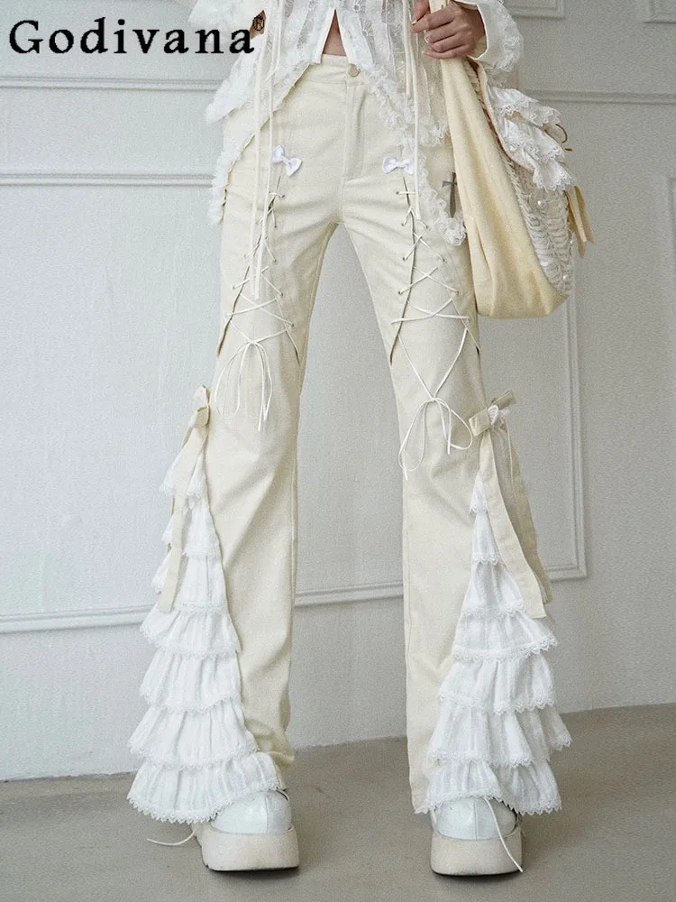 Elegant Lolita Korean Beige Lace-up Versatile Leisure Long Pants Summer New Sweet Girls Cute Bow Fashion Micro-pull Trousers