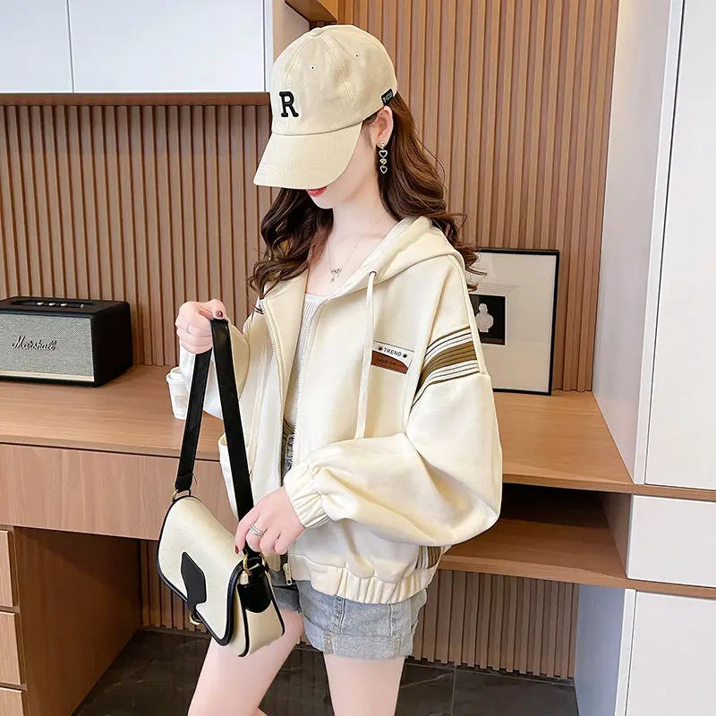 Novo Jaqueta curta com capuz feminino com zíper cardigan versátil topo na moda