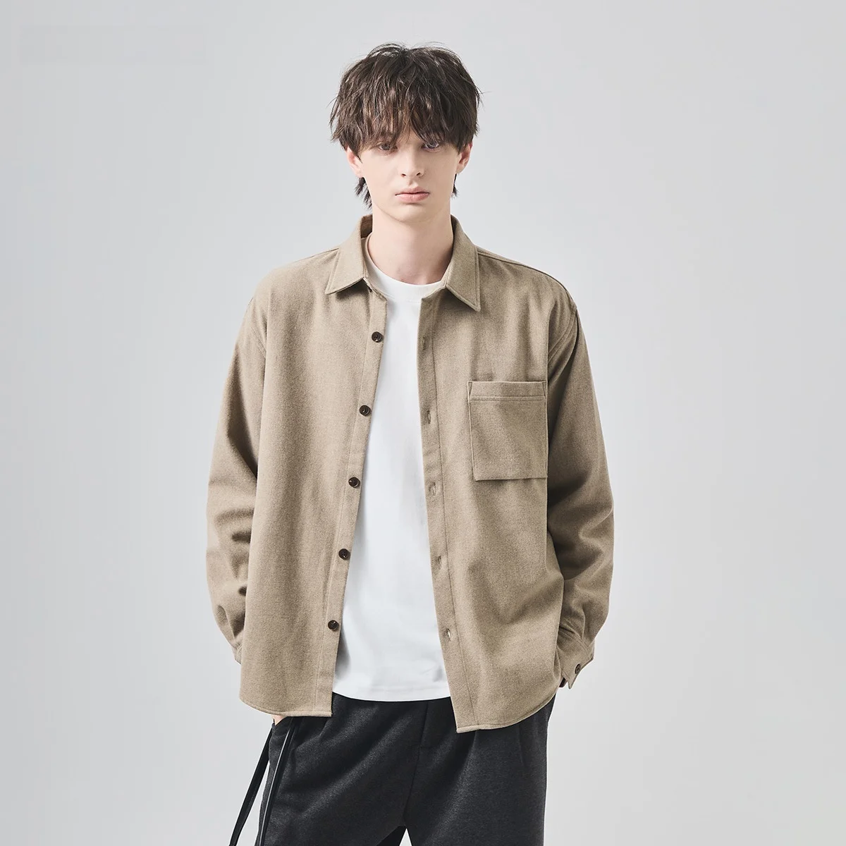 

Men's Woolen Long Sleeve Shirt Warm Loose Casual Anti-Wrinkle Autumn Winter Outerwear Shirt Casual Style Pure Color Design
