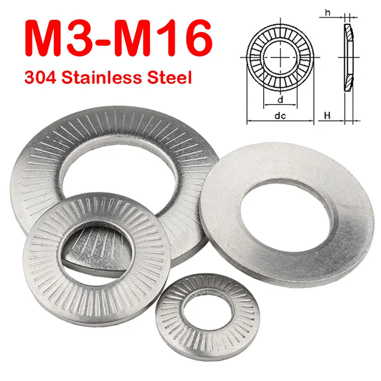 5/10/20/50pcs M3 M4 M5 M6 M8 M10 M12 M16 304 A2 Stainless Steel Disc Spring Serrated Lock Washer Knurled Elastic Gasket