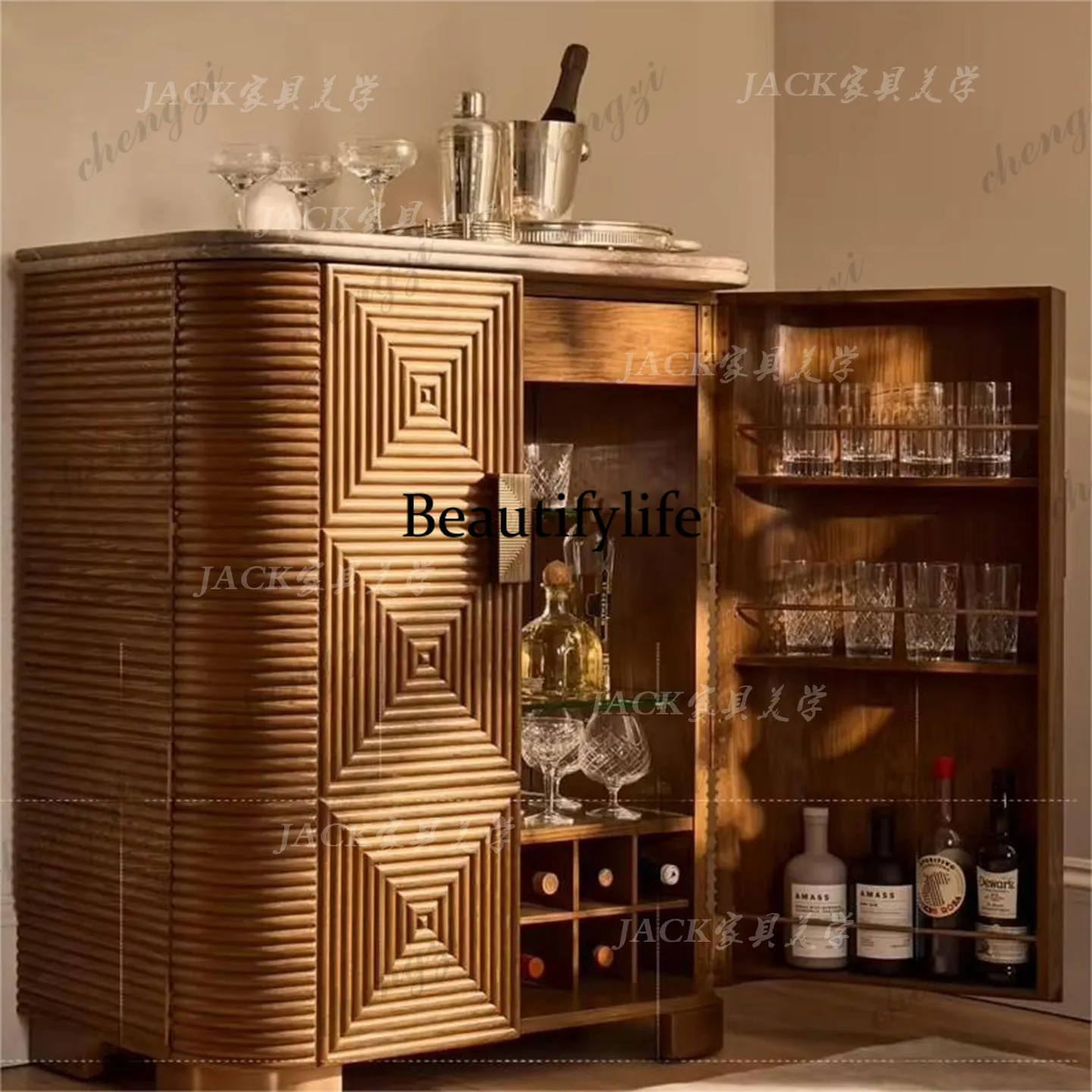French retro solid wood carved dining side cabinet, storage cabinet, medieval wall decorative storage cabinet customization