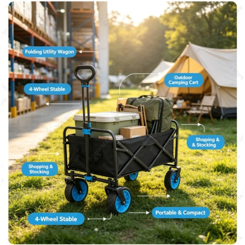Foldable Camping Wagon Hand Trolley, Portable Utility Cart for Outdoor Camping, Supermarket Restock and Grocery Shopping