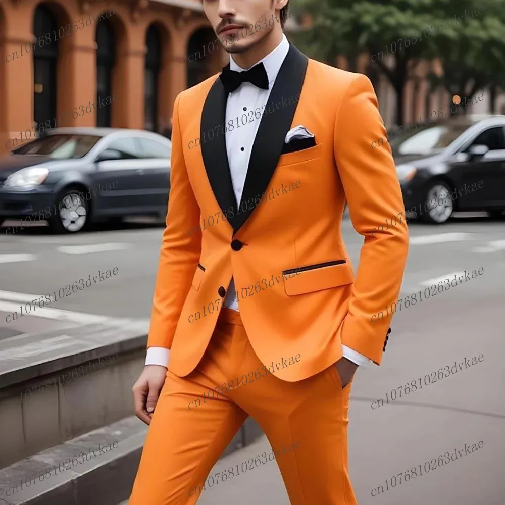 

New Orange And Black Men Suit Wedding Party Formal Groom Groomsman Prom Business Male Tuxedos 2 Piece Set Jacket Pants