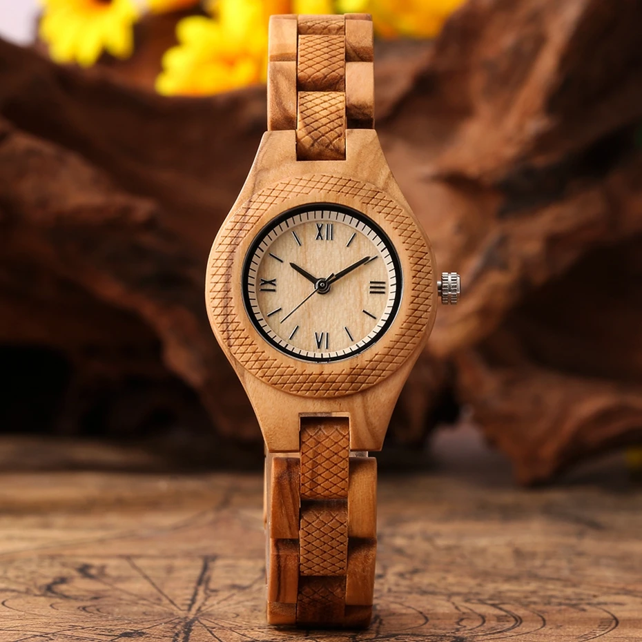 Women Watch Olive Wood Silver UP Stud Roman Numerals Literal Ladies Dress Quartz Watch Full Wooden Slim Adjustable Bangle Clock