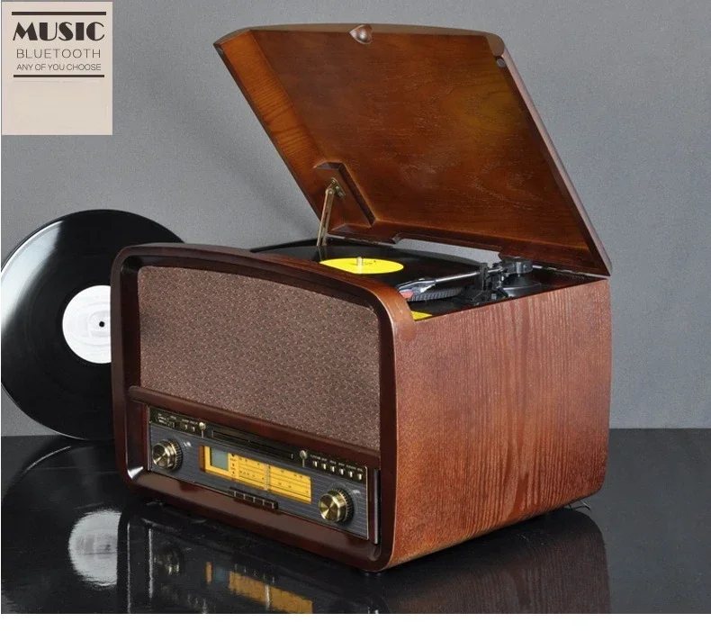 Retro-style living room decor: All-in-one vinyl, CD, and radio player; 220V electric Bluetooth vintage gramophone/vinyl record p