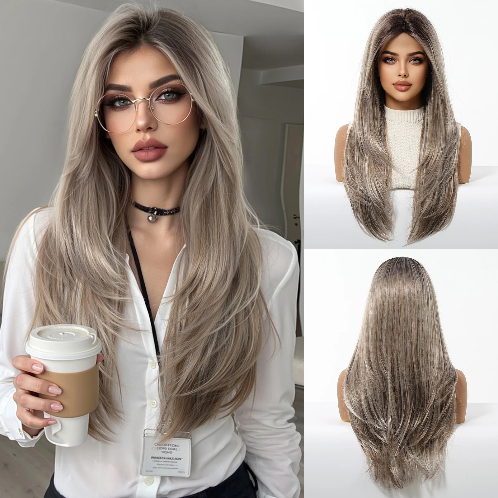 EASIHAIR Lange blonde synthetische Perücken für Frauen, gerade, geschichtete Naturhaar-Perücken mit Pony, hitzebeständige Perücken für den täglichen Gebrauch – Detail 13