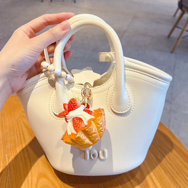 Creative PU Strawberry Egg Tart Keychain Realistic Dessert Bag Charm Ice Cream Key Ring Backpack Pendant Car Accessory Gift view 4