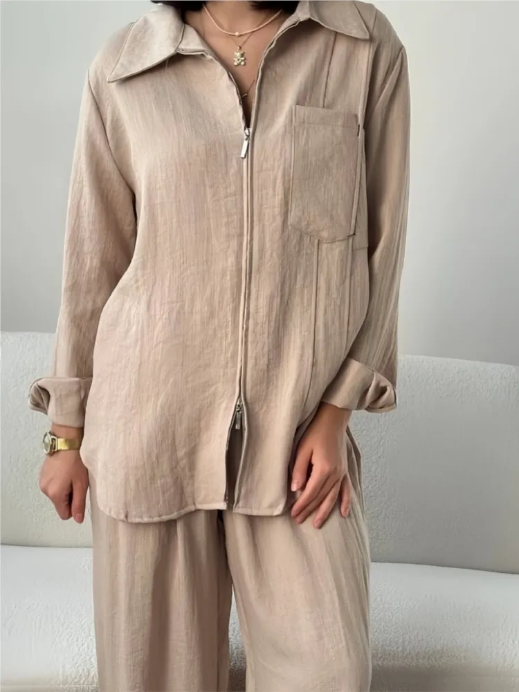Set Kasual Wanita untuk Fashion Wanita Atasan Ritsleting Lengan Panjang + Celana Kaki Lebar Pakaian Dua Potong Pakaian Solid Kantor Elegan Wanita Baru