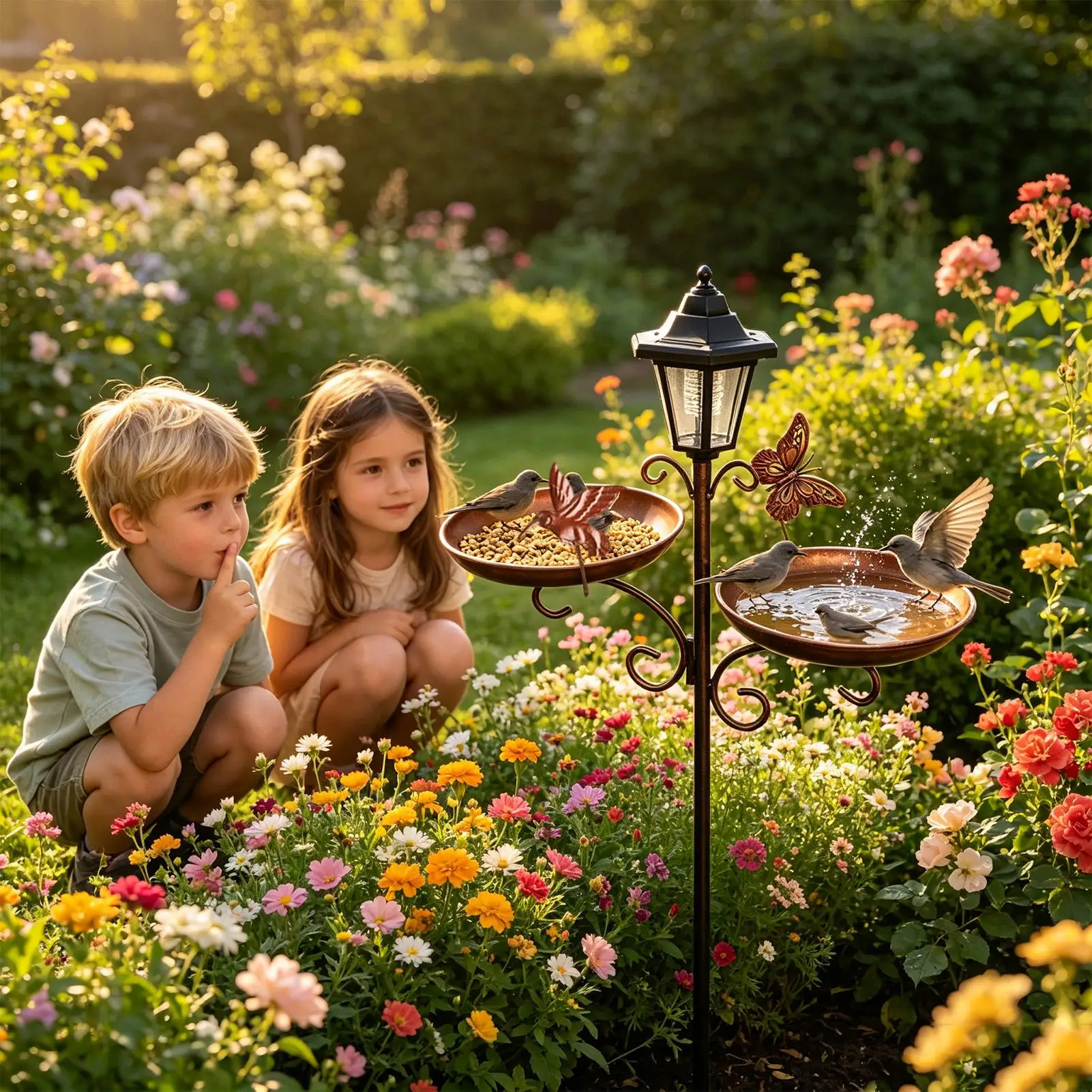 Standing Bird Bath Bird Feeding Bath Tray With LED Solar Light Large Capacity Hummingbird Feeder For Balcony Garden Patio