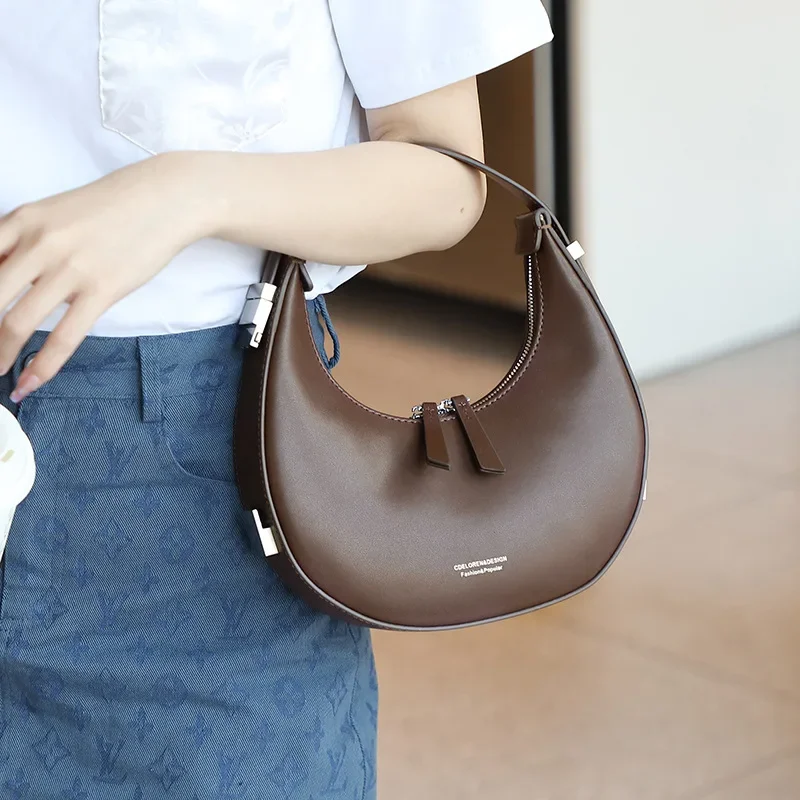 

Korean Style Niche Cowhide Crescent Bag Underarm Shoulder Bag Half-moon Bag Single Handbag Genuine Leather For Women Girl