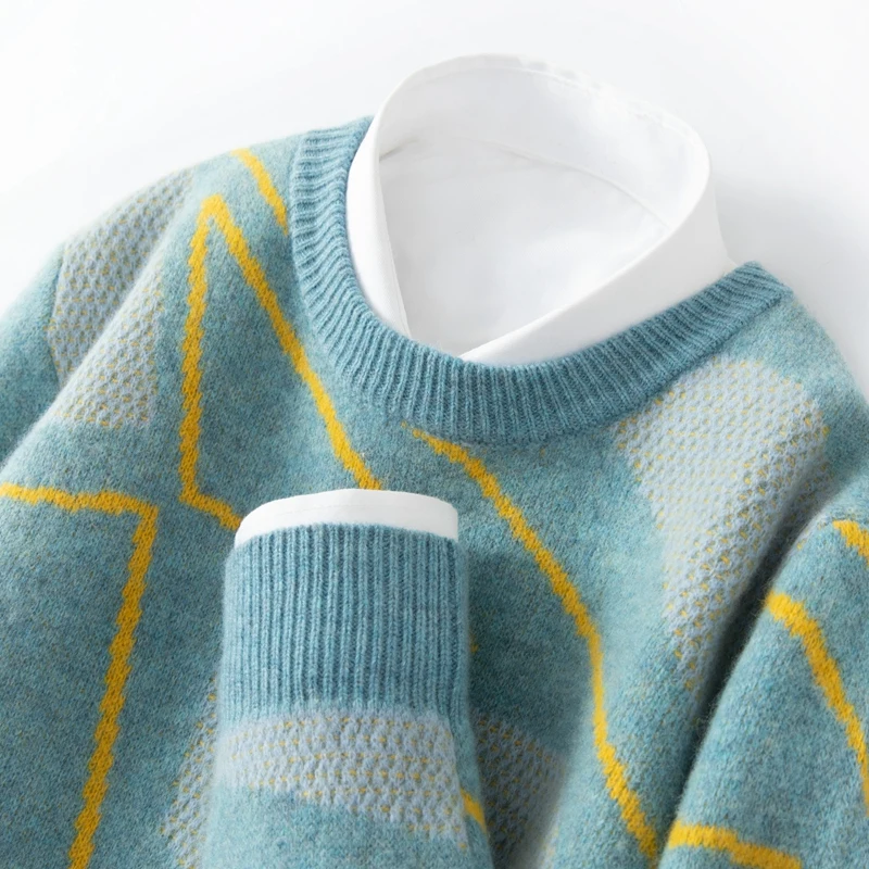 Autumn Winter Wool Men's Round Neck Color Matching Sweater Thickened Jacquard Business Casual Cashmere Knitted Bottoming Shirt