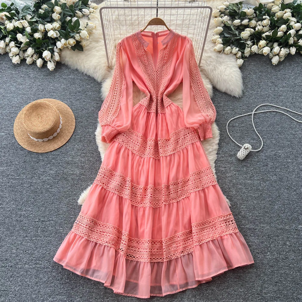 

Women Dresses Long Dress A Line Vestidos Y2k Streetwear V Neck Lantern Sleeve High Waist Lace Elegant Splice Party Night Work