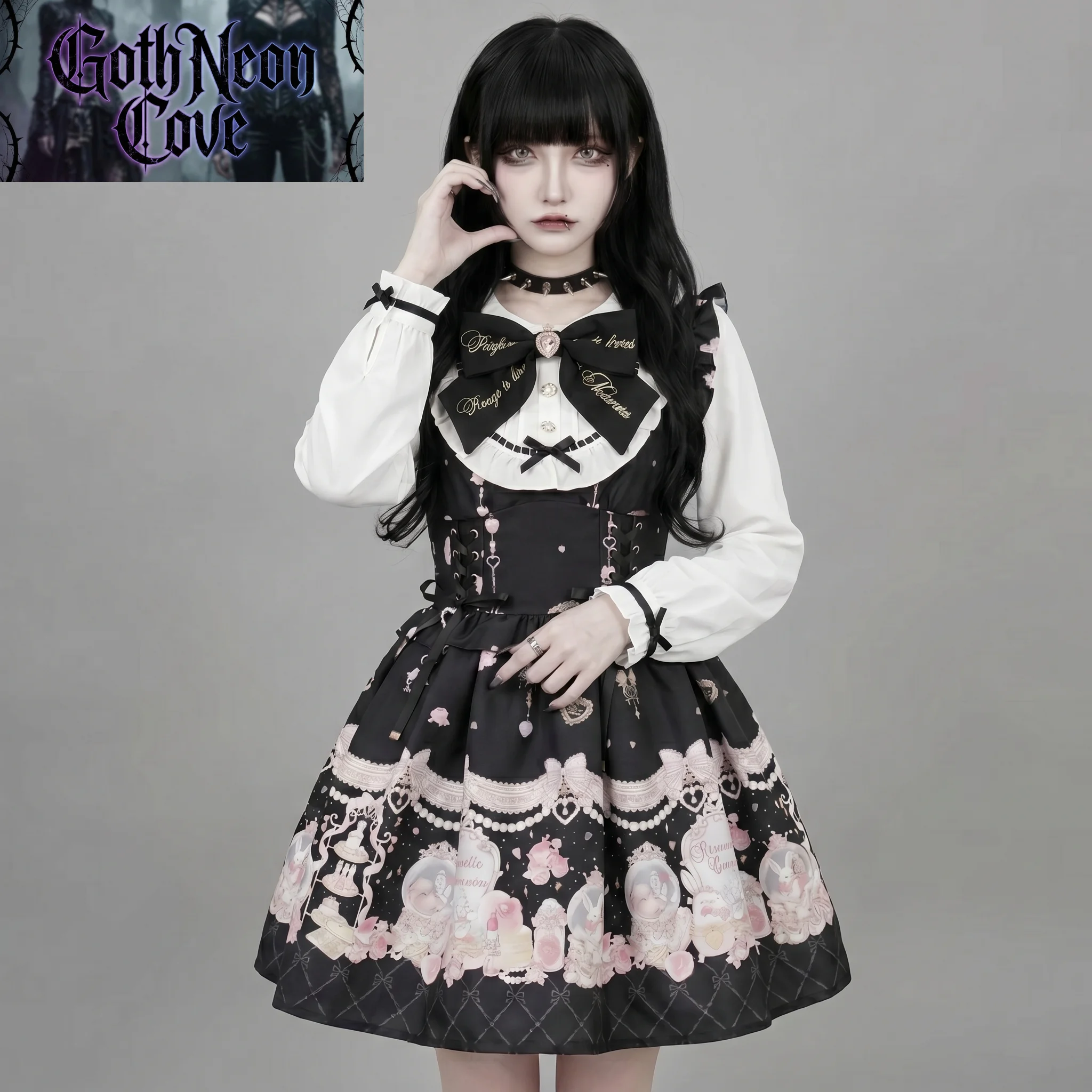 

Summer Japanese Subculture Sweet Lolita Dress Women Long Sleeve Doll Collar Print Slim Fit Dress Jirai Kei Harajuku Y2K Dress