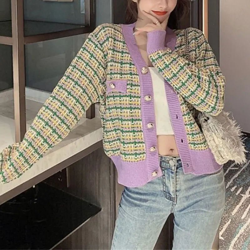 Stylish Vintage Single-breasted Cardigan Plaid Autumn Winter Long Sleeve Women's Clothing Casual V-Neck Loose Knitted Sweaters