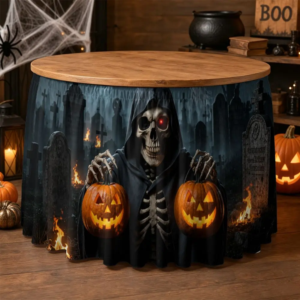 1 Halloween pie table skirt, 2D flat skeleton holding two glowing pumpkins, suitable for home decoration and holiday decoration
