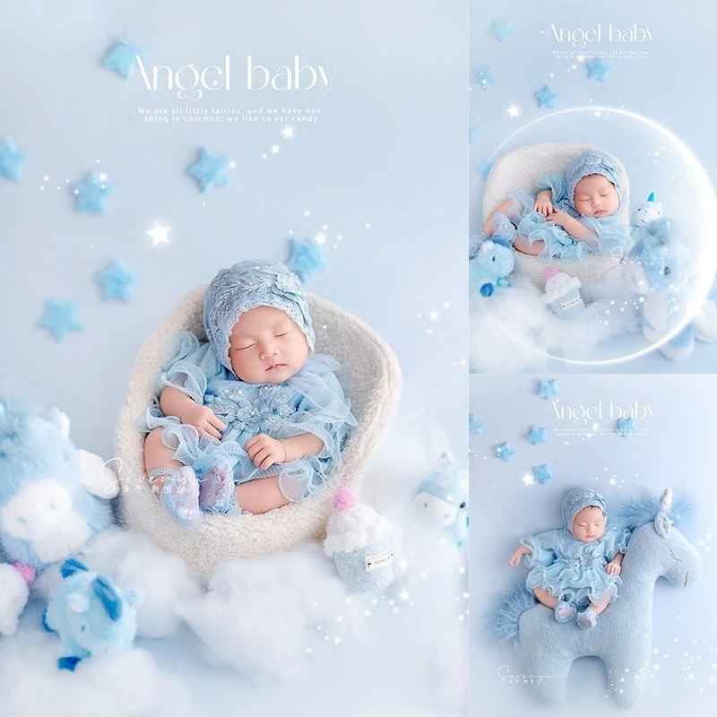 Newborn Photography Props Blue Sky Starry Starts Theme Set with Horse Outfits Posing Doll with Decors for Studio Photoshoot