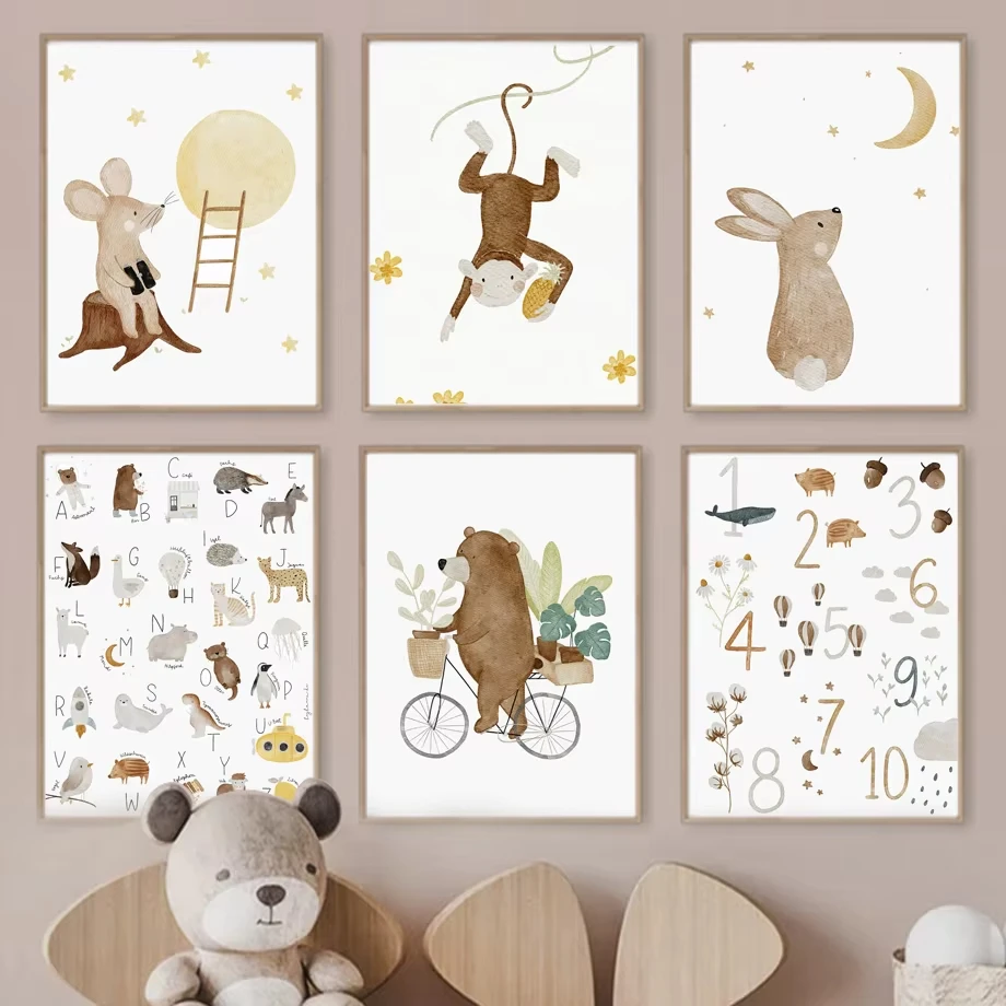 1pc Frameless Boho Nursery Bear Rabbit Monkey Moon Number Alphabet Wall Art Children's Prints Posters for Kids Room Baby Decor C
