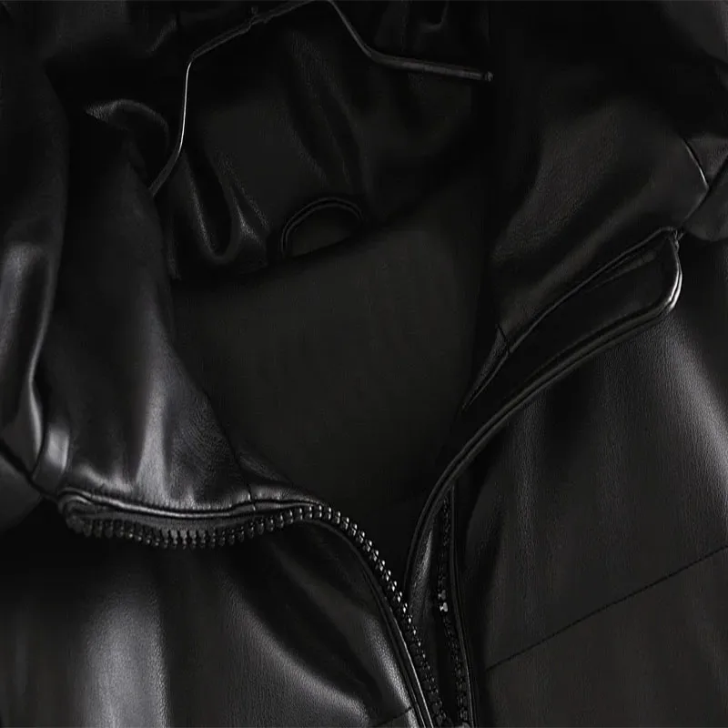 Cappotto invernale da donna con cerniera allentata in similpelle PU Cappotto casual caldo di media lunghezza Giacca in cotone con cappuccio in pelle