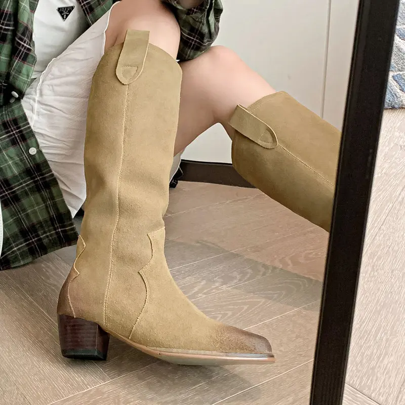 

ASILETO Cow Suede Genuine Leather Women Western Boots Pointed Toe Block Heel 4cm Slip On Retro Fashion Knee High Female Booty