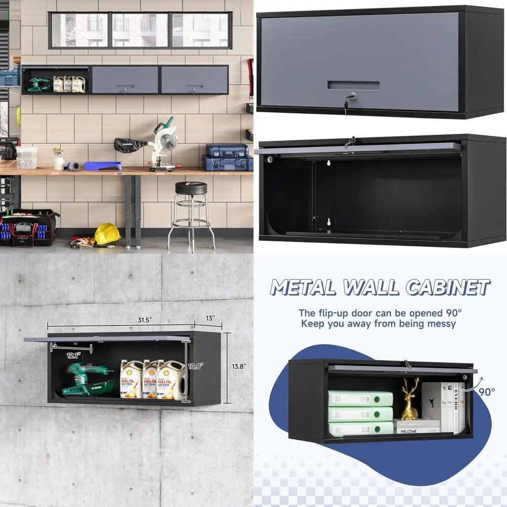 

Up-flip Door Wall Storage Cabinet for Garage, Warehouse, Home, Office - Black Grey, Assembly Required