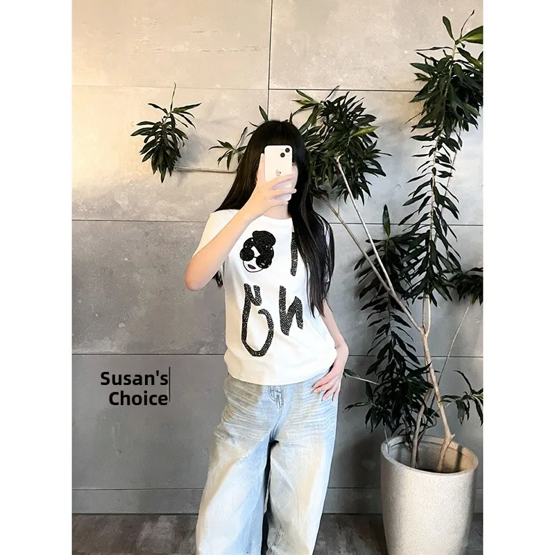 

Женская весенняя хлопковая футболка Susan Faionable с круглым вырезом, с узором в виде солнцезащитных очков и бусин, повседневная, белая