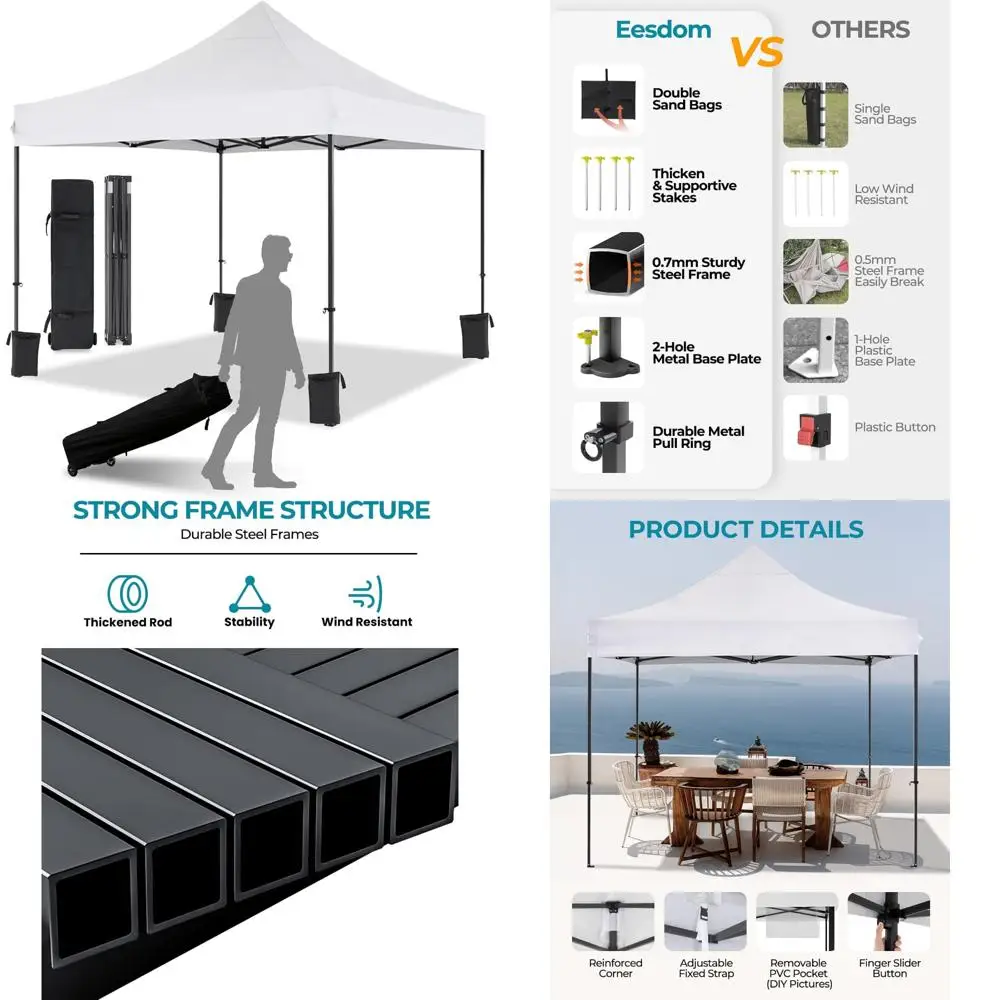 

Portable 10x10 Commercial Canopy Tent with Wheeled Bag, Easy Setup, Waterproof, Includes 4 Stakes, 4 Sandbags, and 4 Ropes for O