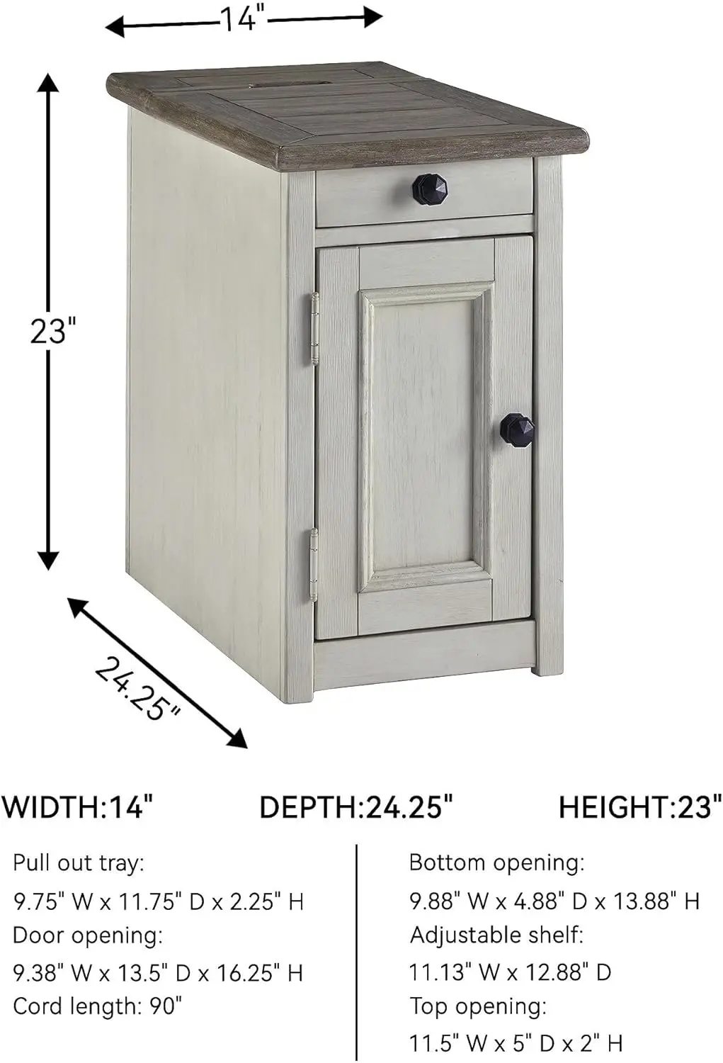 โต๊ะข้างเก้าอี้บ้านไร่โบลันเบิร์ก, พอร์ต USB 2 ช่อง, ถาดแบบดึงออกได้, ไม้, 14 นิ้ว กว้าง x 24.25 นิ้ว ลึก x 23 นิ้ว สูง, สีครีมโบราณและสีน้ำตาล