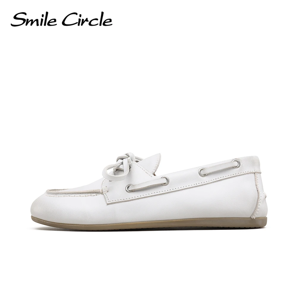 Smile Circle Boat Shoes Women Genuine Leather Loafers Moccasins Lace-up Flat Shoes