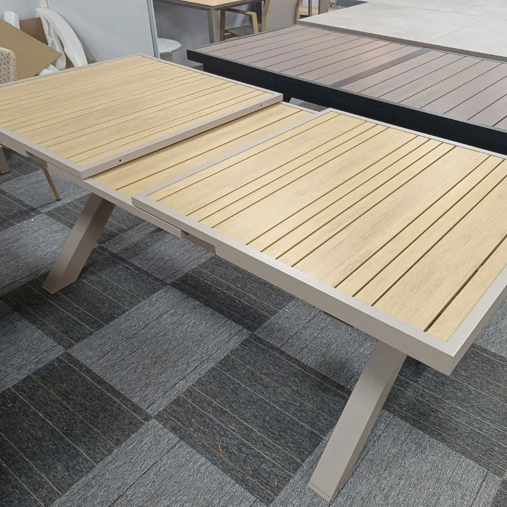 Modern outdoor solid wood aluminum frame expandable dining table and chair set with patio and garden waterproof mats