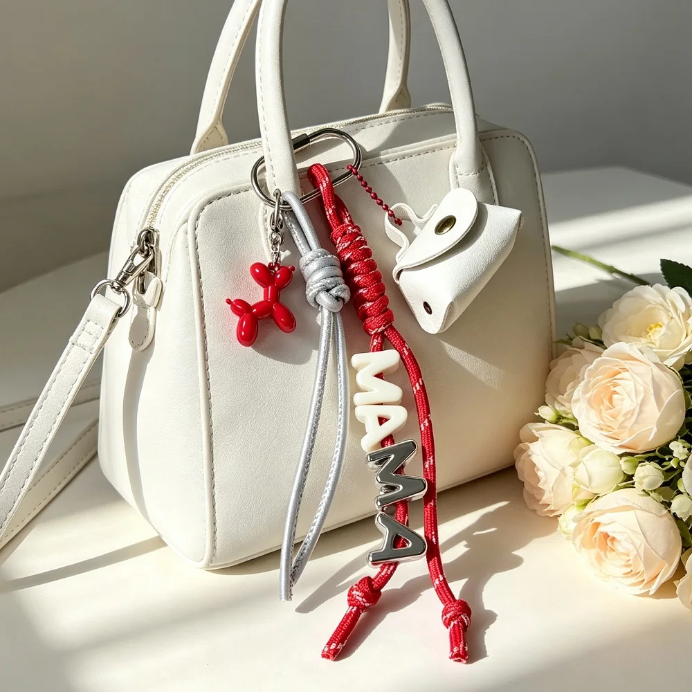 Mini Bag Paracord Keychain with Ballon Dog Charm, Lettering MAMA, WWJD, DREAM, SMILE, HAPPY
