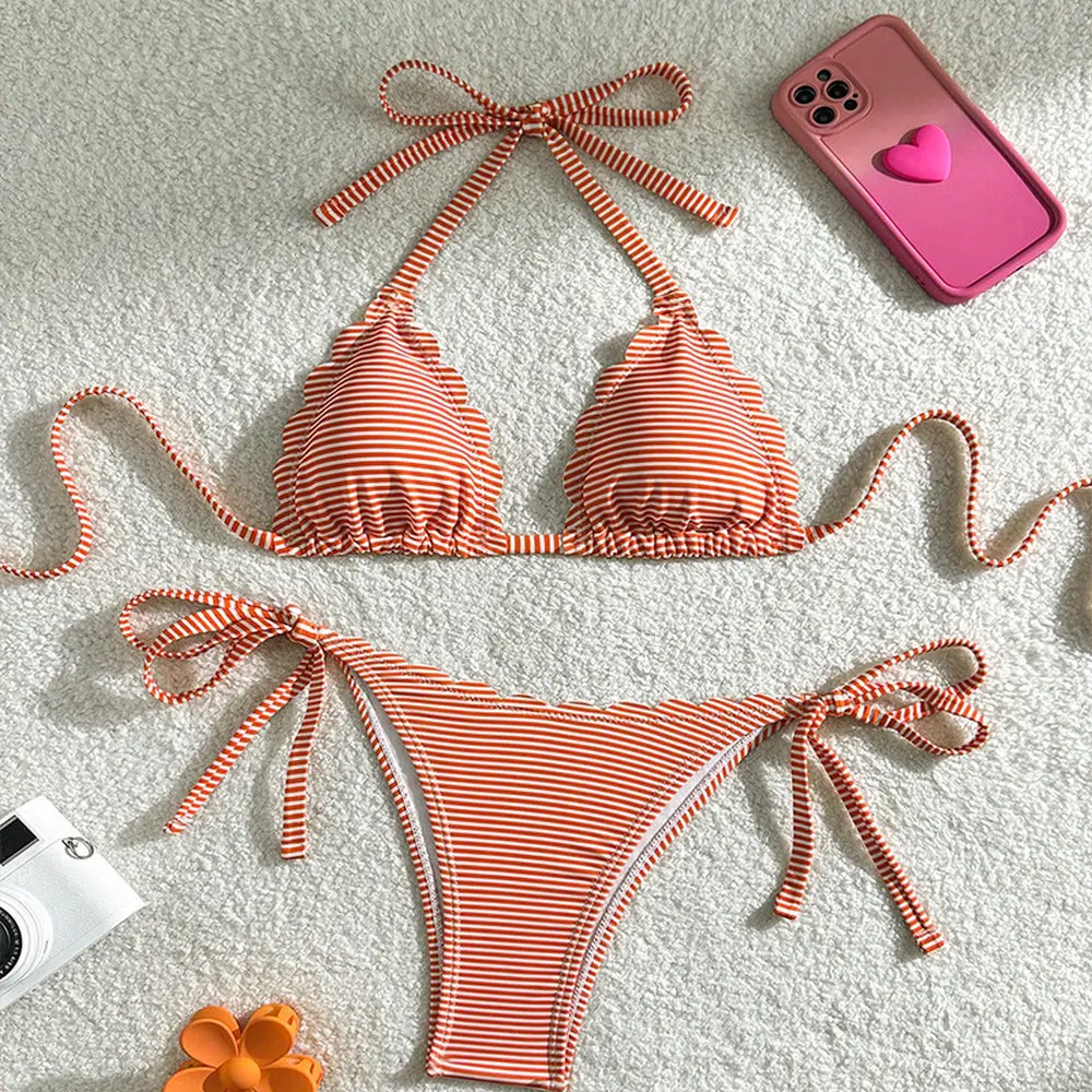 Blue Striped Print Swimwear Triangle Micro Bikini Set Mini Thong Sexy Swimsuit Women Halter String Bathing Suit Bikinis De Mujer