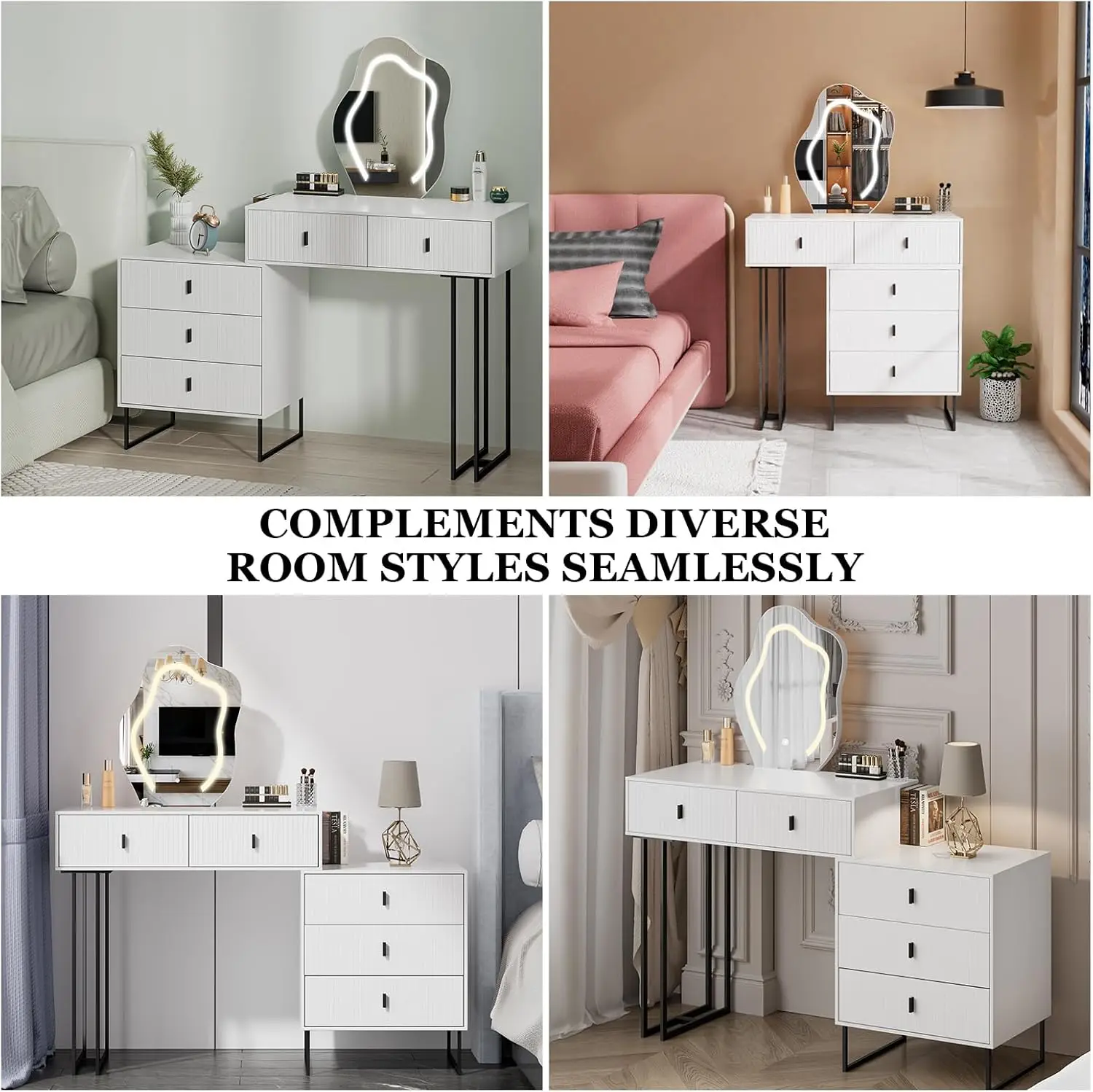 Vanity Desk branco com tela de toque espelho iluminado, Vanity Table Maquiagem Set com LightsDressing Table, 3 cores, 5 gavetas